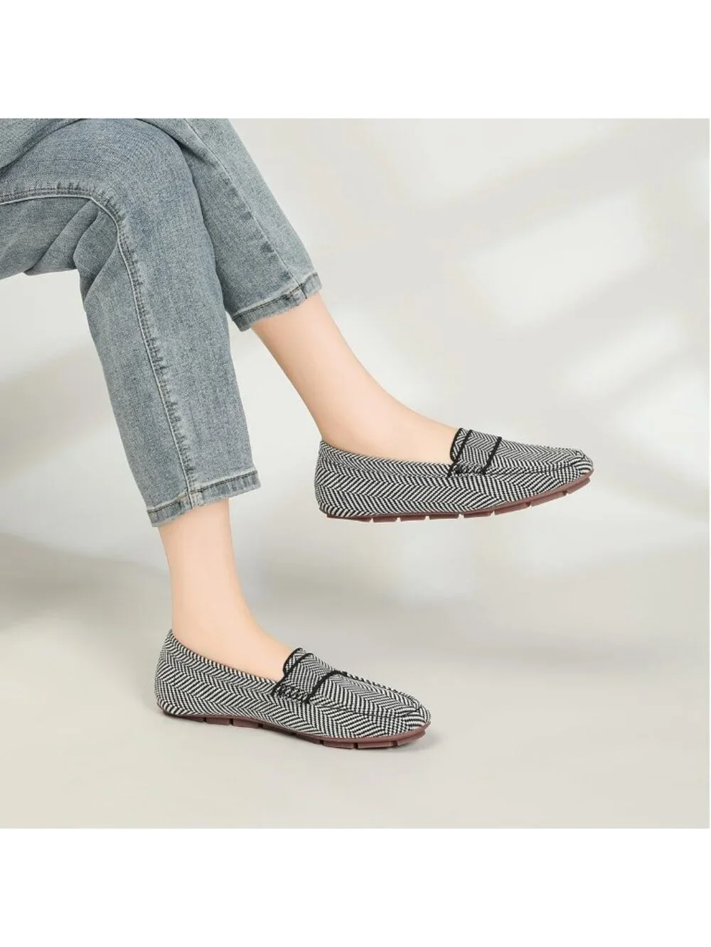 🆕Women's Black Stripe Lightweight Knitted Loafers Casual Flat Shoes Comfortable